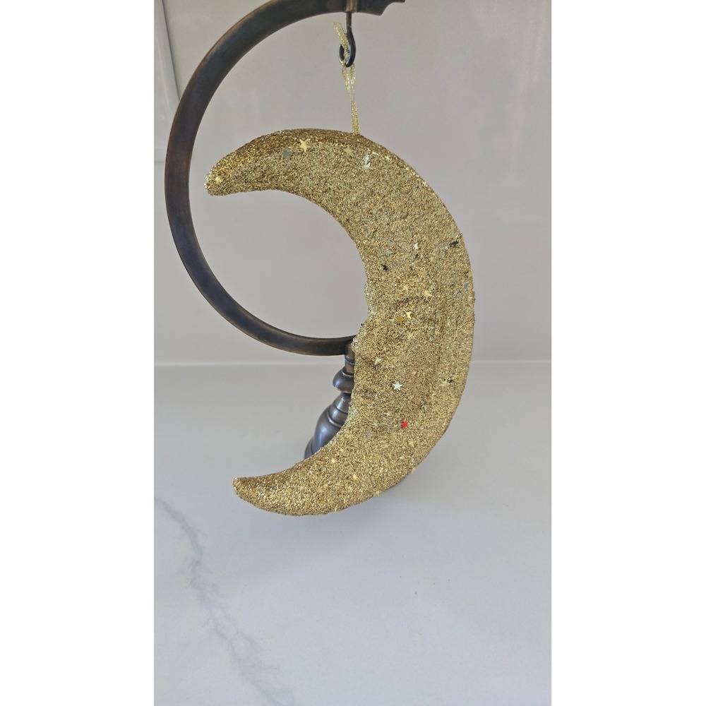 Gold Glitter Crescent Moon Man in the Moon Hanging Christmas Ornament styrofoam